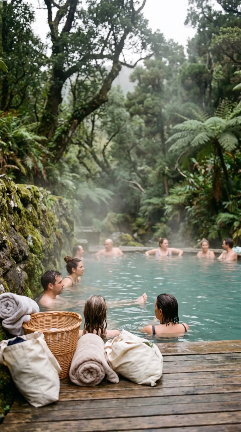 Visitors relaxing in the warm thermal pools at Caldeira Velha hot springs São Miguel Azores
