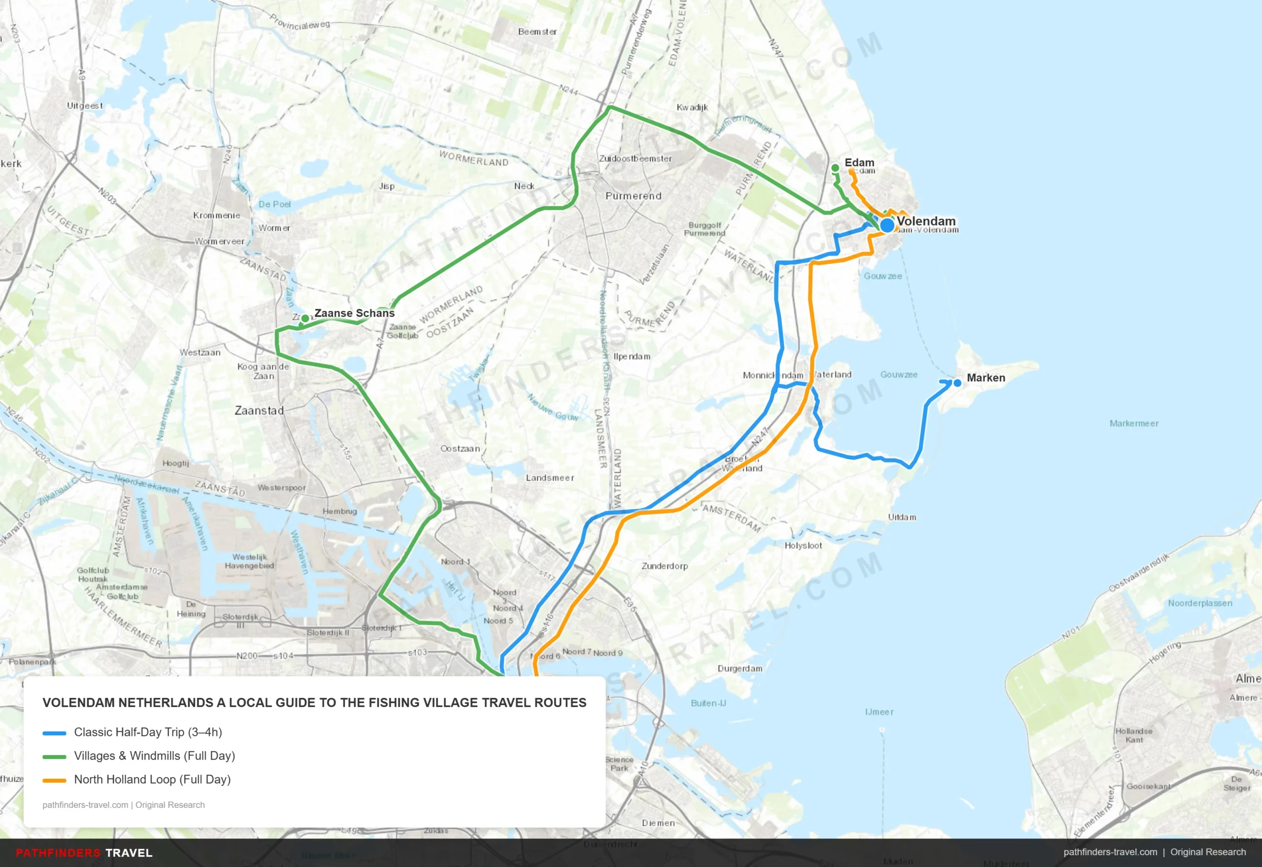 Map showing travel routes for Volendam, Netherlands: A Local Guide to the Fishing Village with road trip itineraries