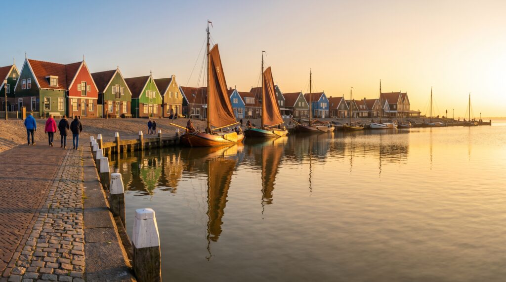 Volendam harbor in the Netherlands at golden hour with wooden houses and moored fishing boats