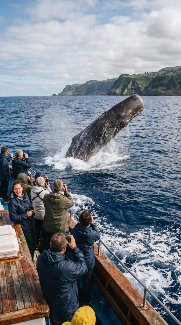 Whale watching tour near Ponta Delgada with sperm whale breaching in Atlantic waters