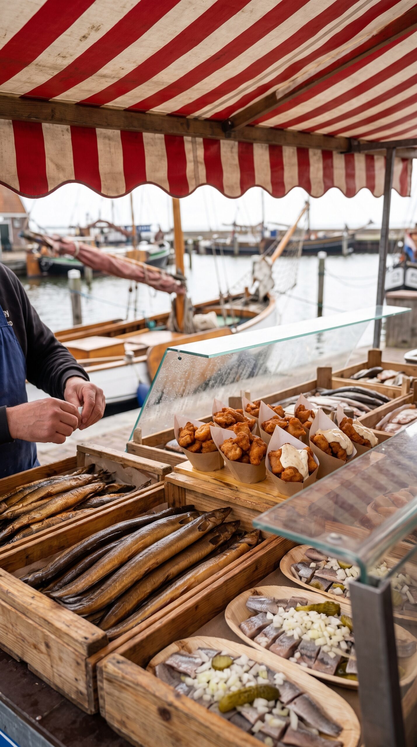 Fish stall in Volendam serving smoked eel, kibbeling and herring, Netherlands