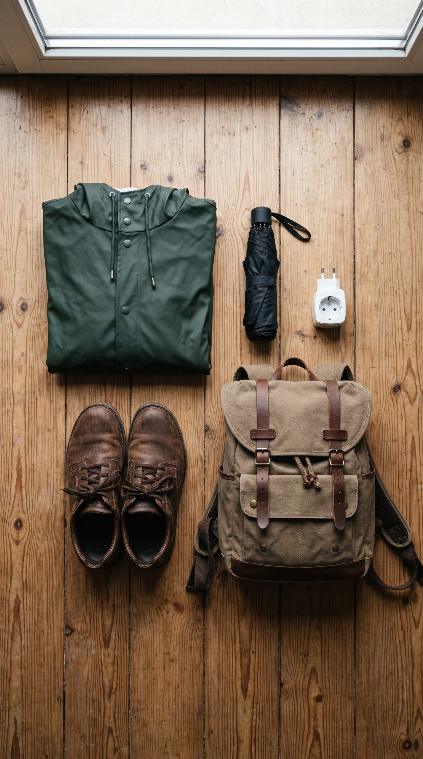 Flat-lay of a rain jacket, adapter, and shoes, what to pack for the Netherlands