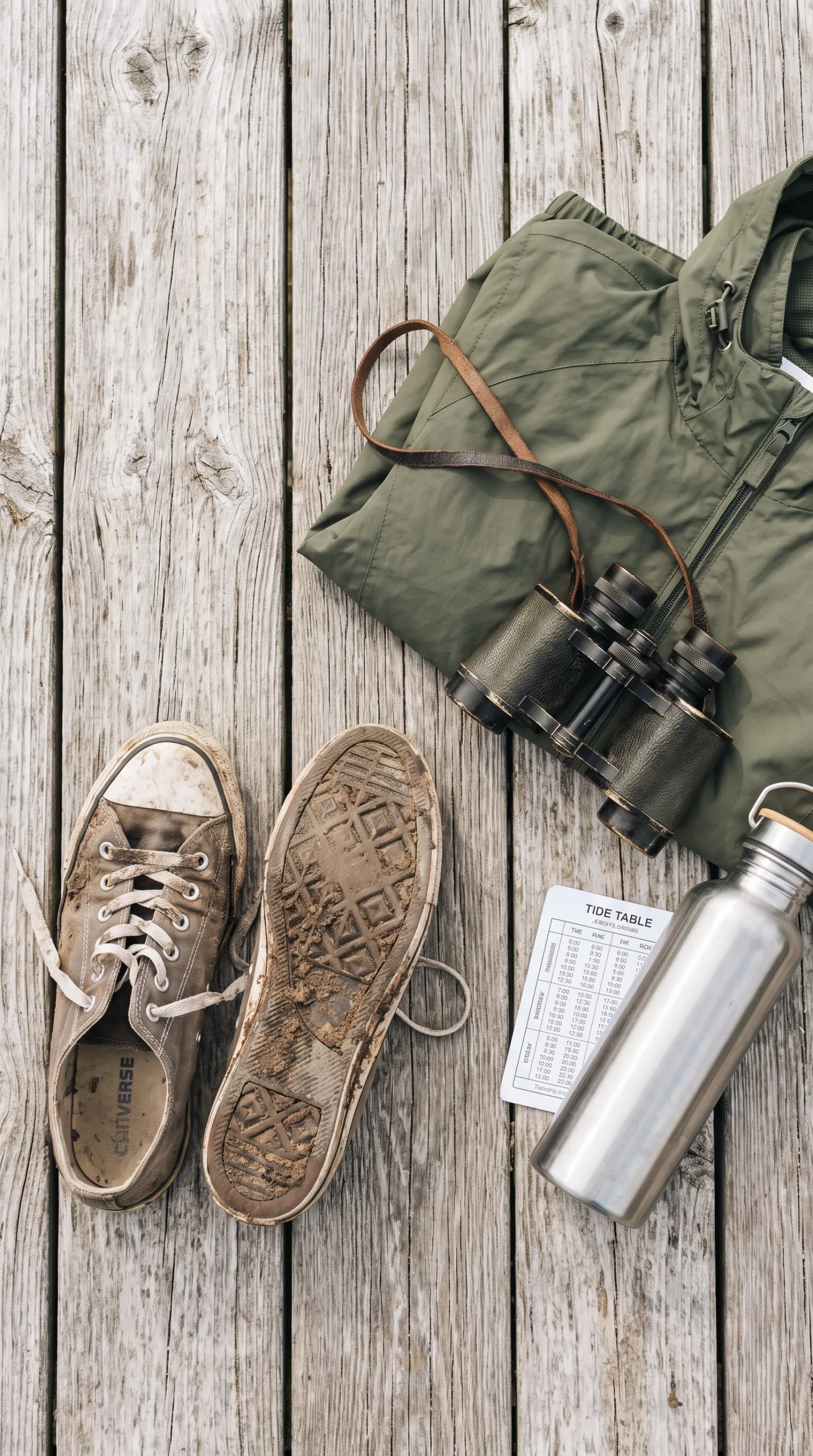 Wadden Sea walking gear including muddy shoes, a jacket, and binoculars on weathered wood