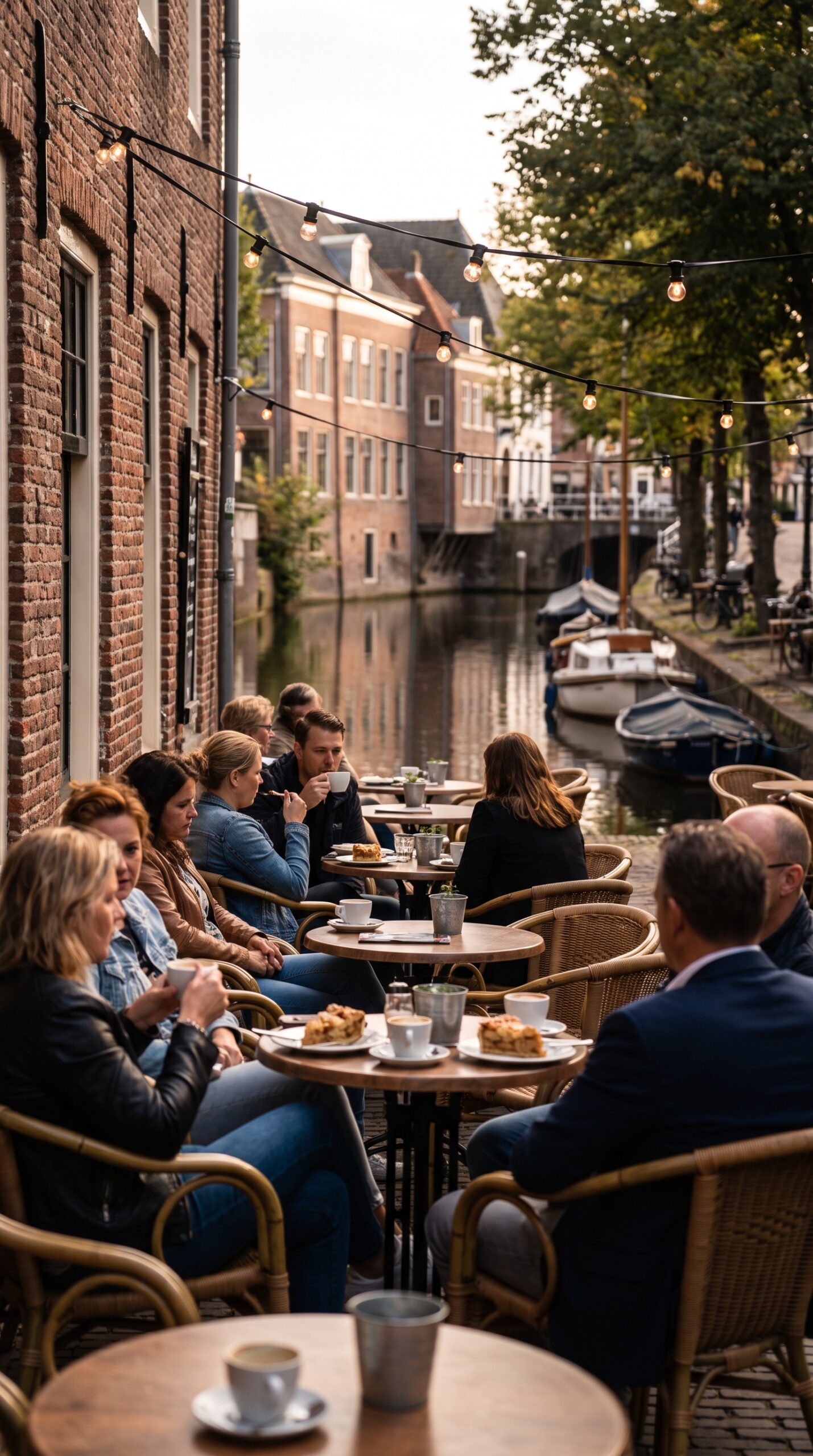 Canal-side cafe terrace in the old town of Amersfoort, Netherlands