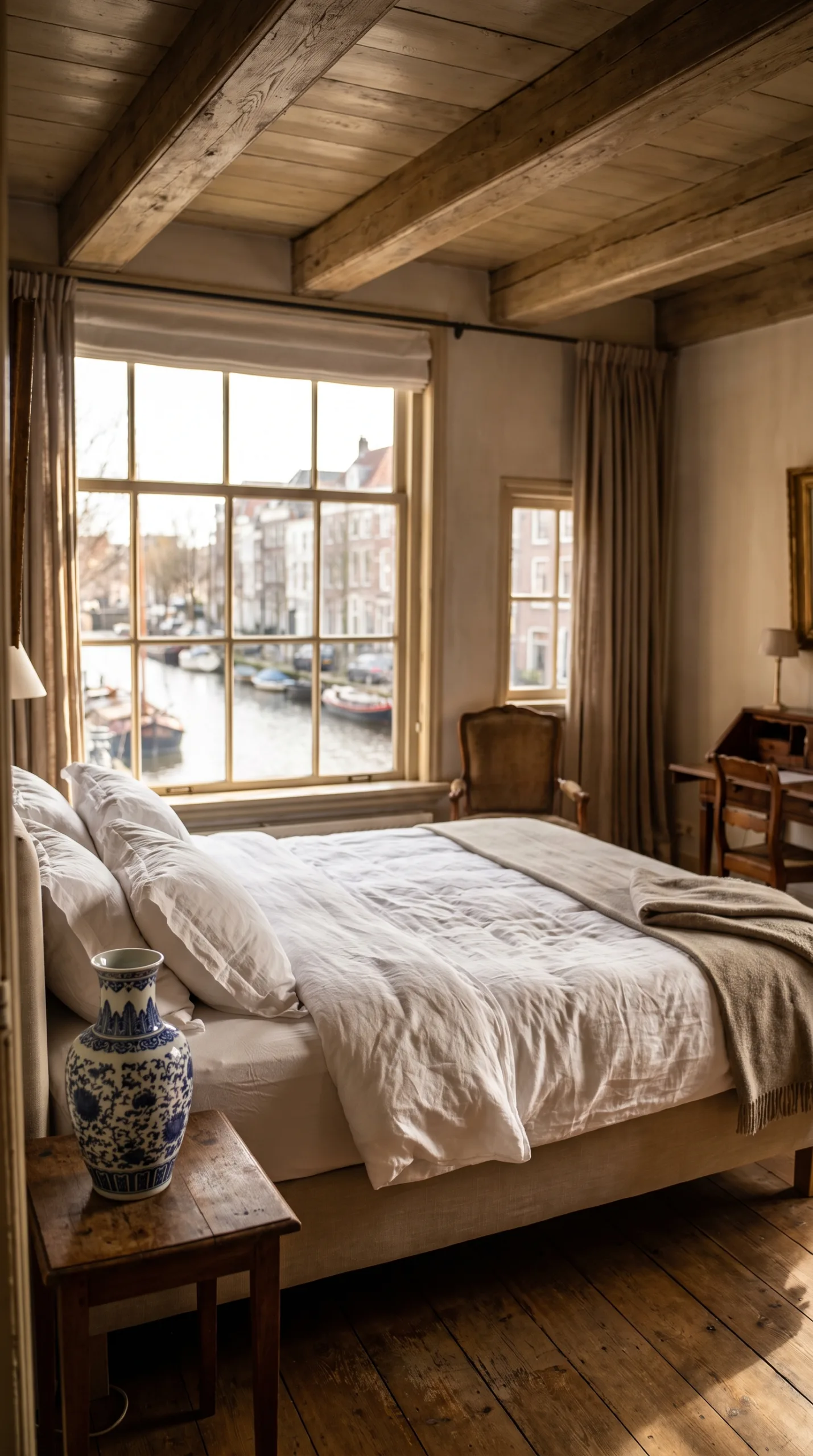 Boutique hotel room in a historic Delft Netherlands townhouse overlooking a canal