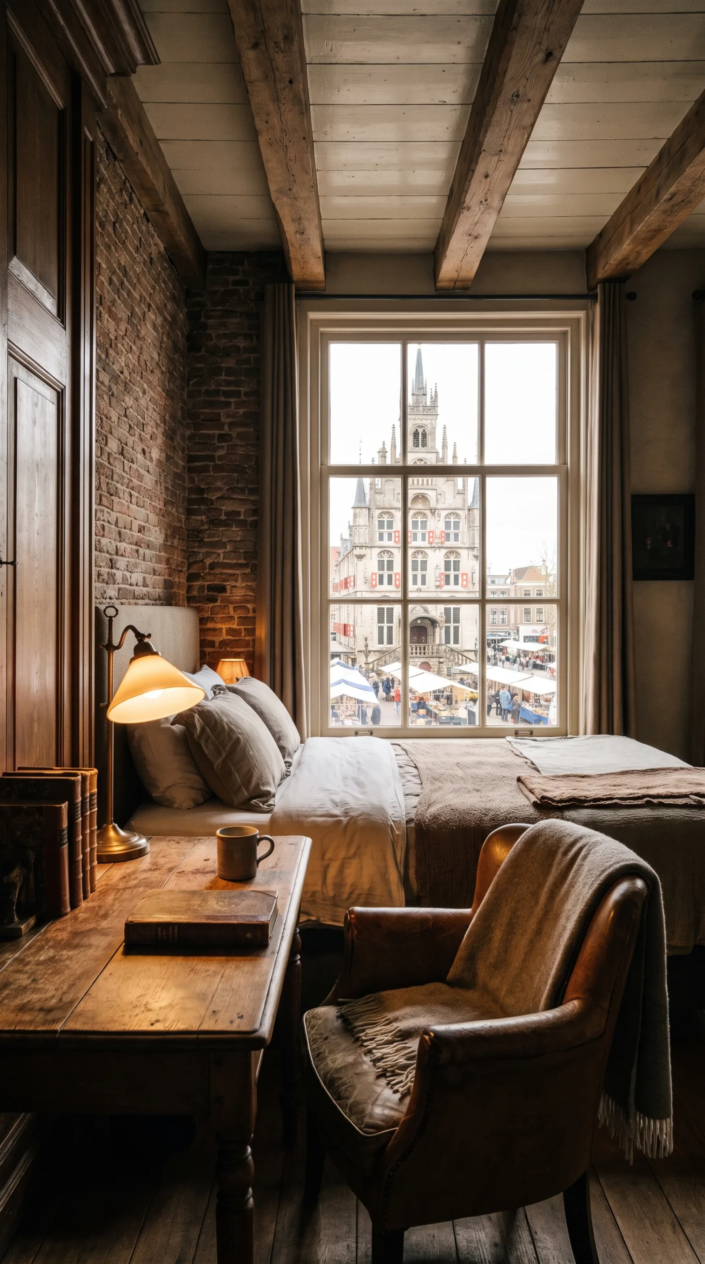 Historic canal house hotel room in Gouda Netherlands overlooking the Markt
