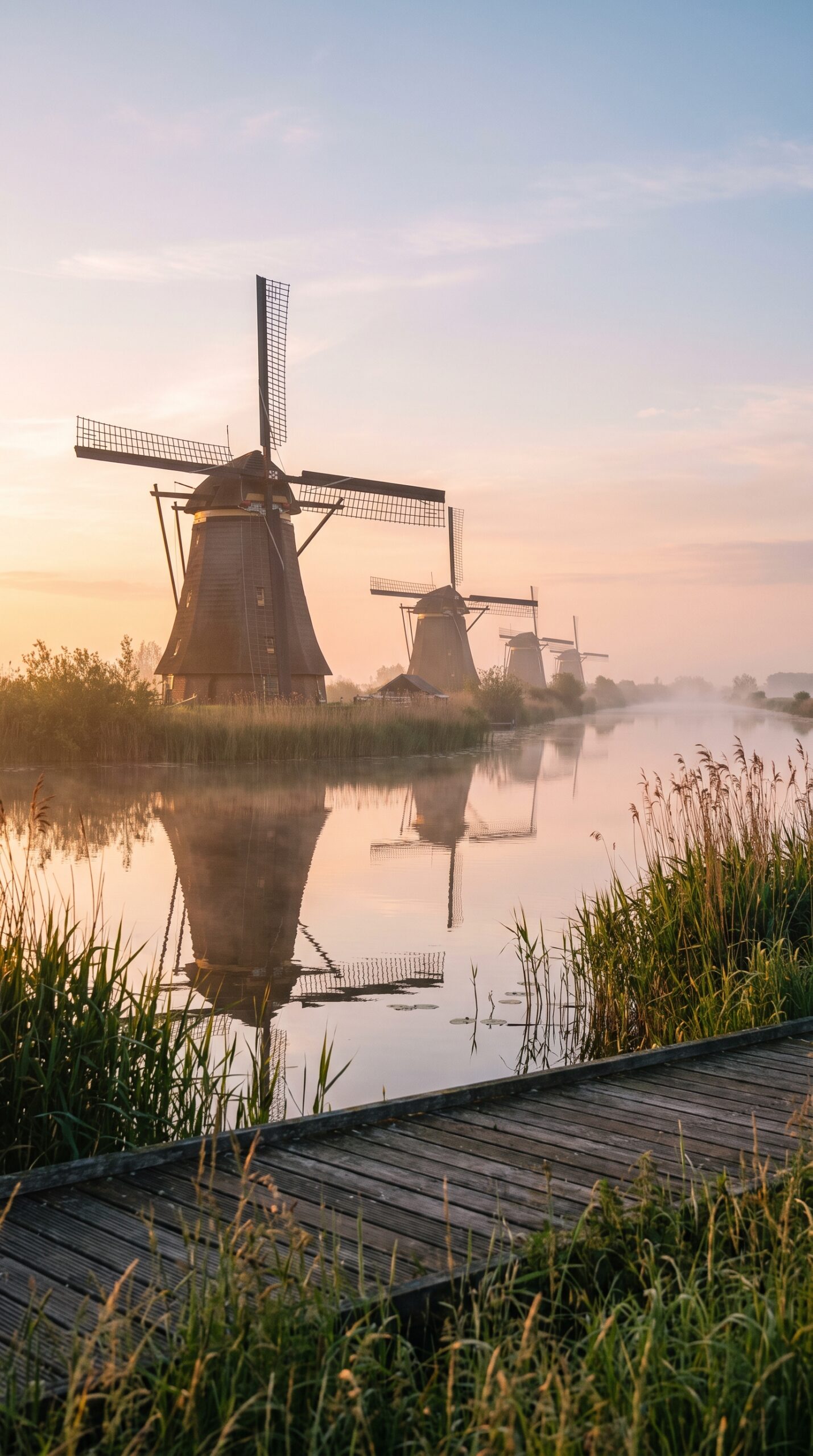 Kinderdijk windmills along a canal, Dutch countryside and windmill villages