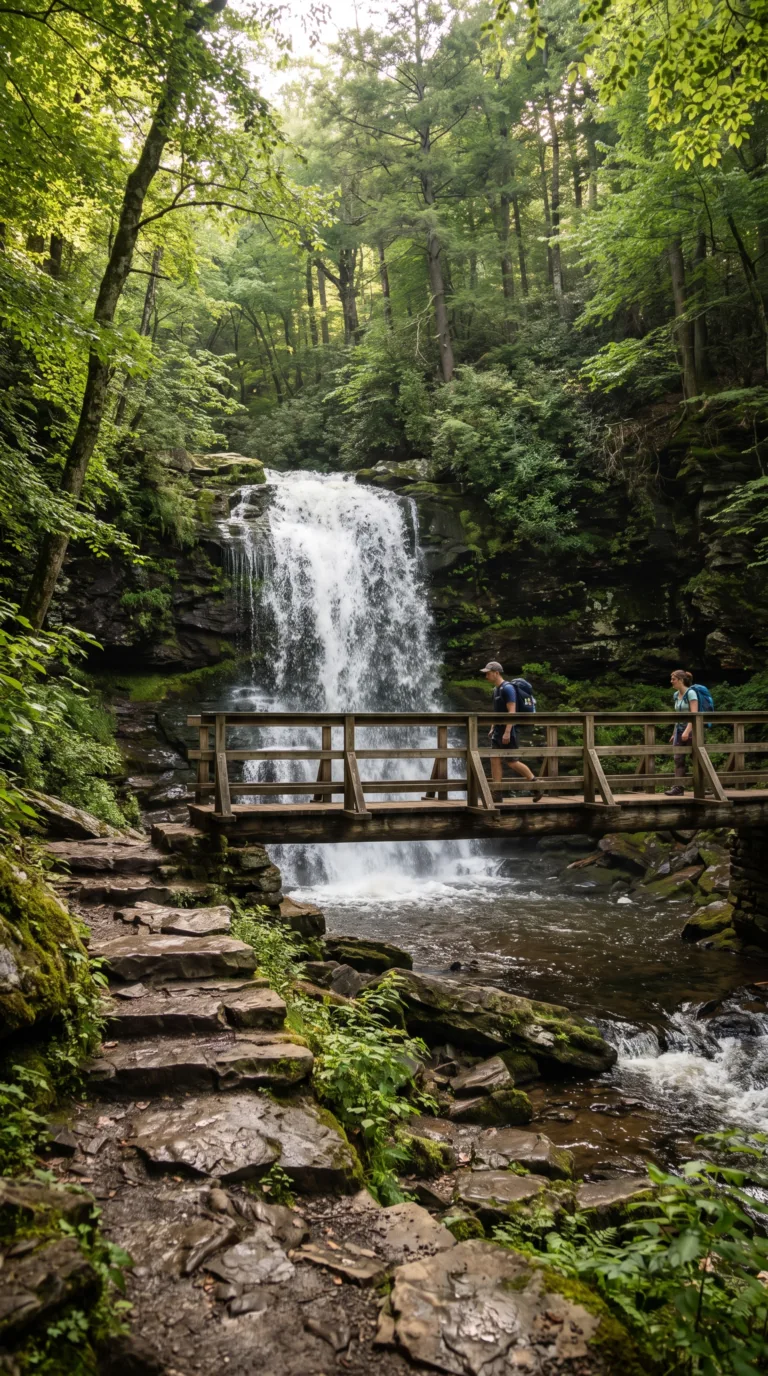 Wooden bridge on Falls Trail at Ricketts Glen State Park with waterfall view