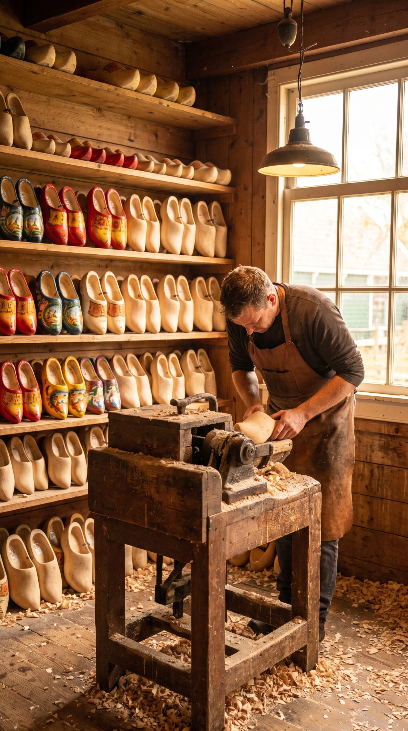 Rows of painted wooden clogs in the wooden shoe workshop at Zaanse Schans