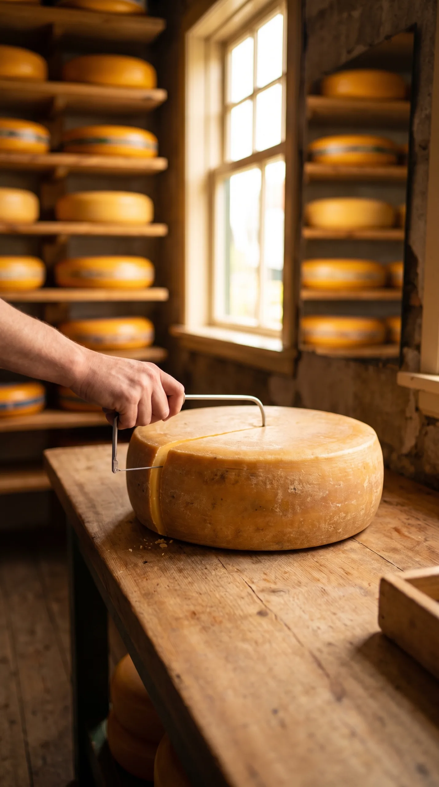 Dutch cheese being sliced at the Zaanse Schans cheese farm