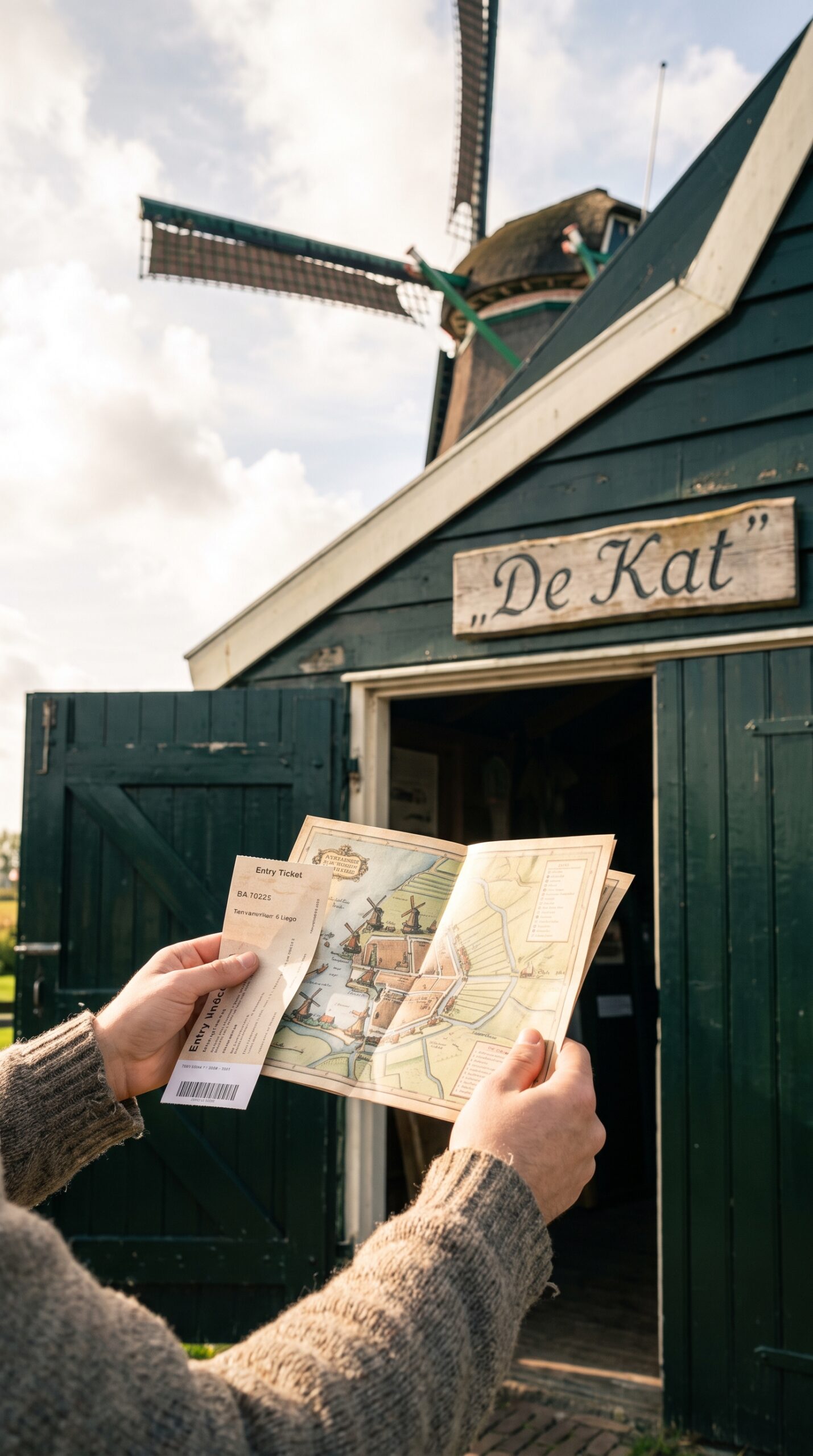 Visitor holding a ticket and map at a Zaanse Schans windmill entrance