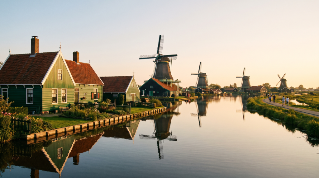 Row of Zaanse Schans windmills along the Zaan river with green wooden houses at golden hour