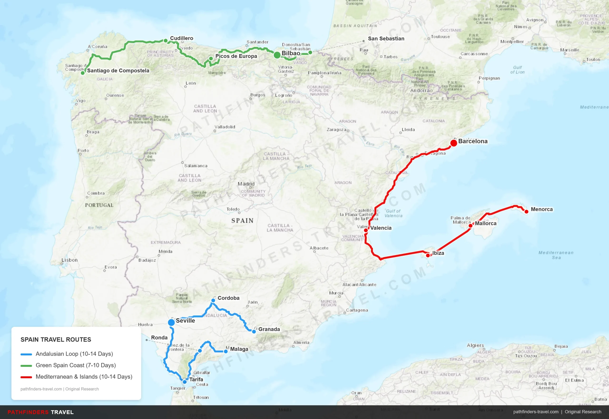 Map of Spain showing three travel routes: the Andalusian Loop, the Green Spain north coast and the Mediterranean and Islands route