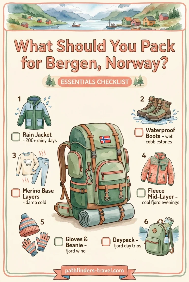 Bergen packing checklist infographic: Rain Jacket, Waterproof Boots, Merino Base Layers