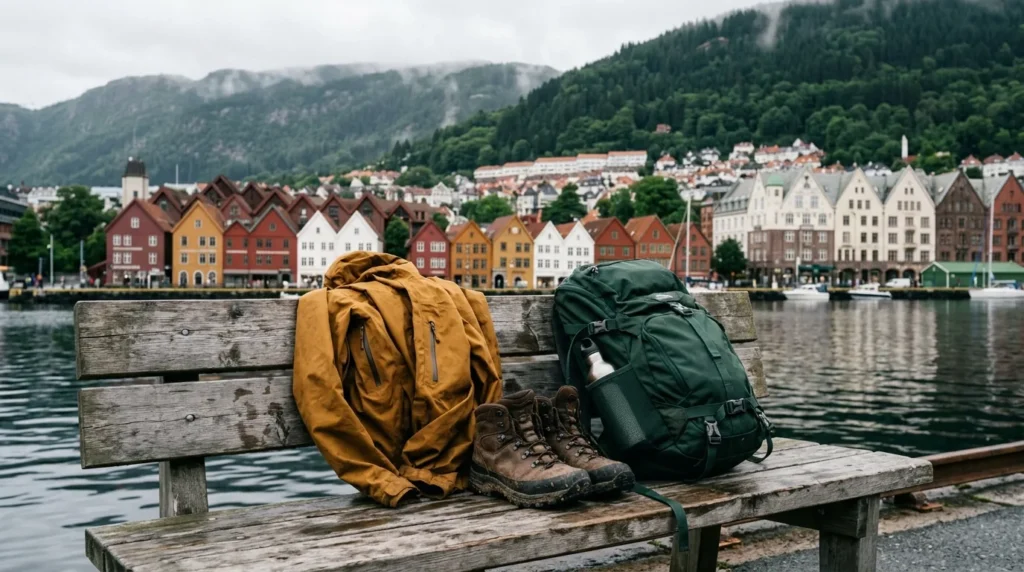 Rain jacket, hiking boots and a daypack on a wooden bench in front of Bergen's colourful Bryggen wharf and fjord, Norway